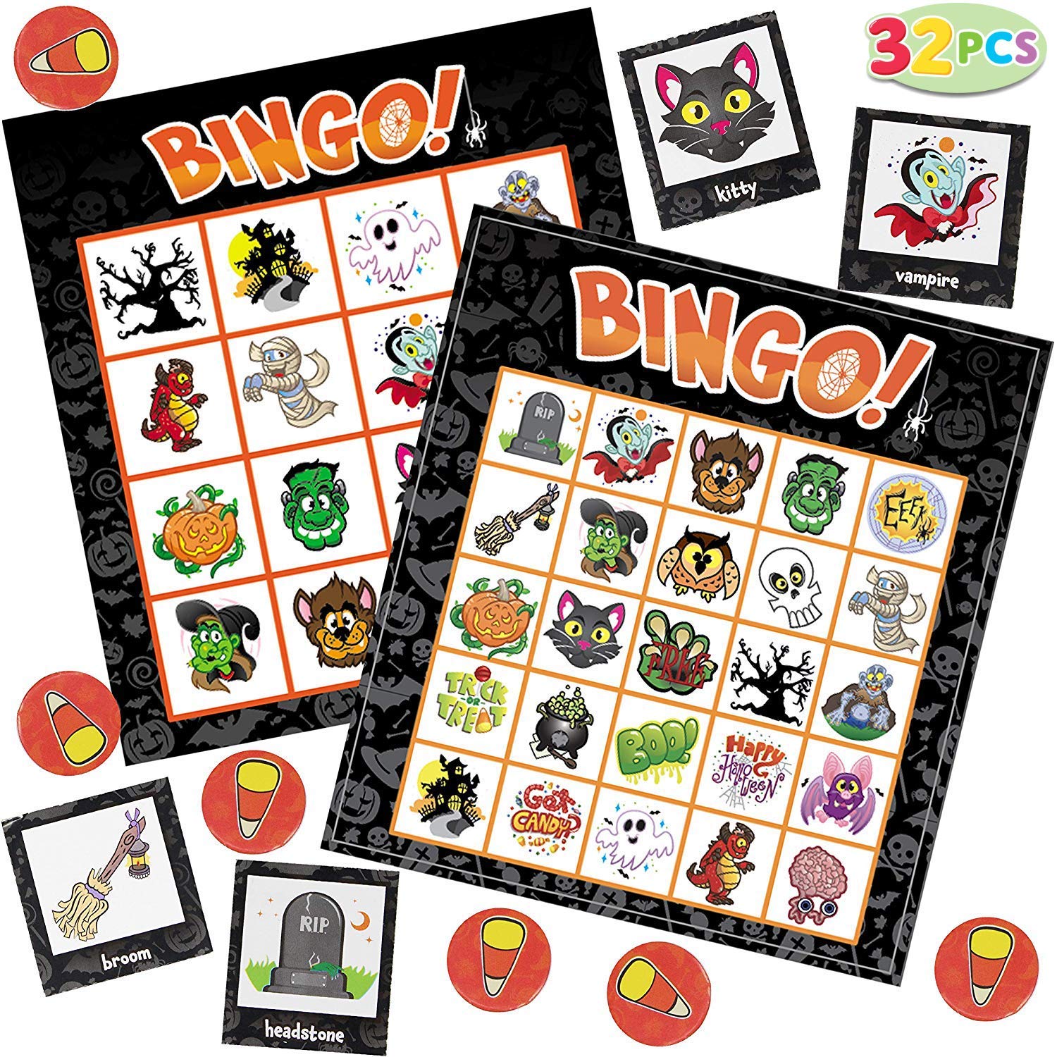 JOYIN 32 Halloween Bingo Game Cards (4x4 & 5x5) – 16 Players for Halloween Party